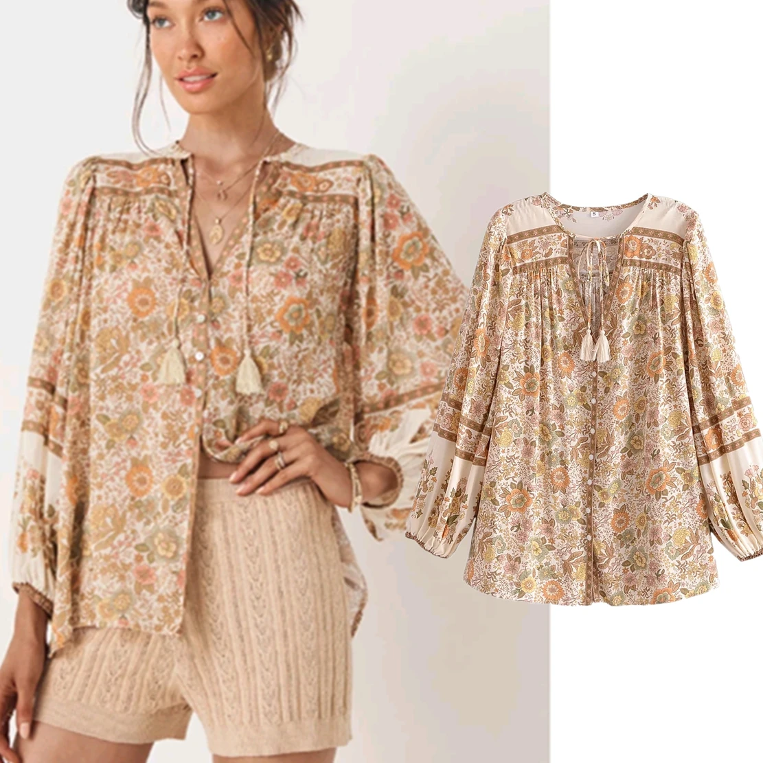 

Jenny&Dave Bohemian Style Vintage Floral Blouse Casual Shirt Women Tops With Print Cotton Tassels Blouse