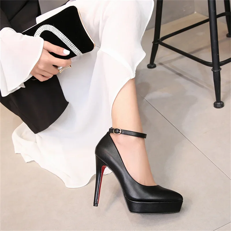 2023 Women Stripper 12cm High Heels 3cm Platform Stiletto Pumps Red Bottom Nighclub Heels Lady Fetish Black Leather Strap Shoes