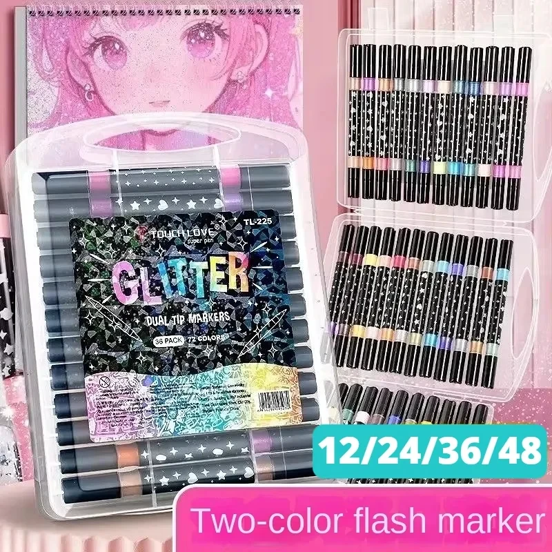 12/24 Colors Dual Brush Tip Glitter Art Markers Metallic Paint Marker Pens DIY Crafts Birthday Cards Making Poster Album