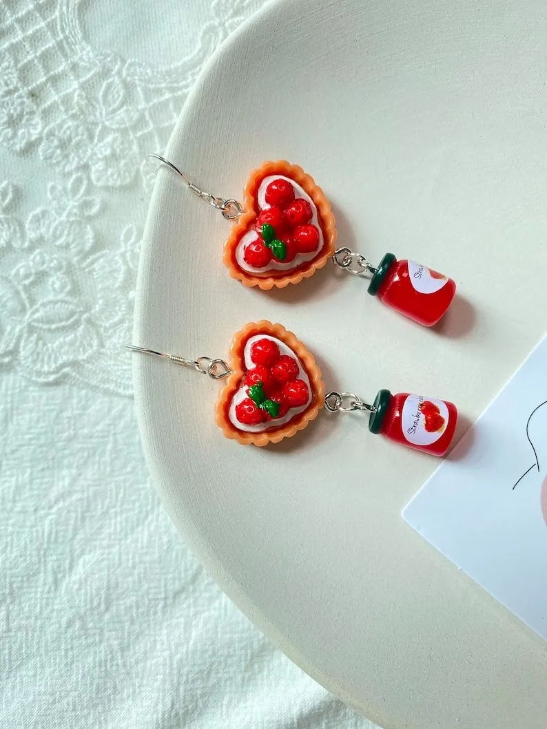 Strawberry earrings dangle, jam,Novelty jam Earrings,Quirky,kawaii,cute earrings,resin strawberry,Threaders