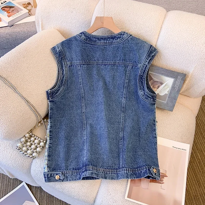 

Korean Ladies New Patchwork Jeans Vest Top 2025 Female Fashion Short Waistcoat Coat Spring Autumn Women Sleeveless Denim Jacket