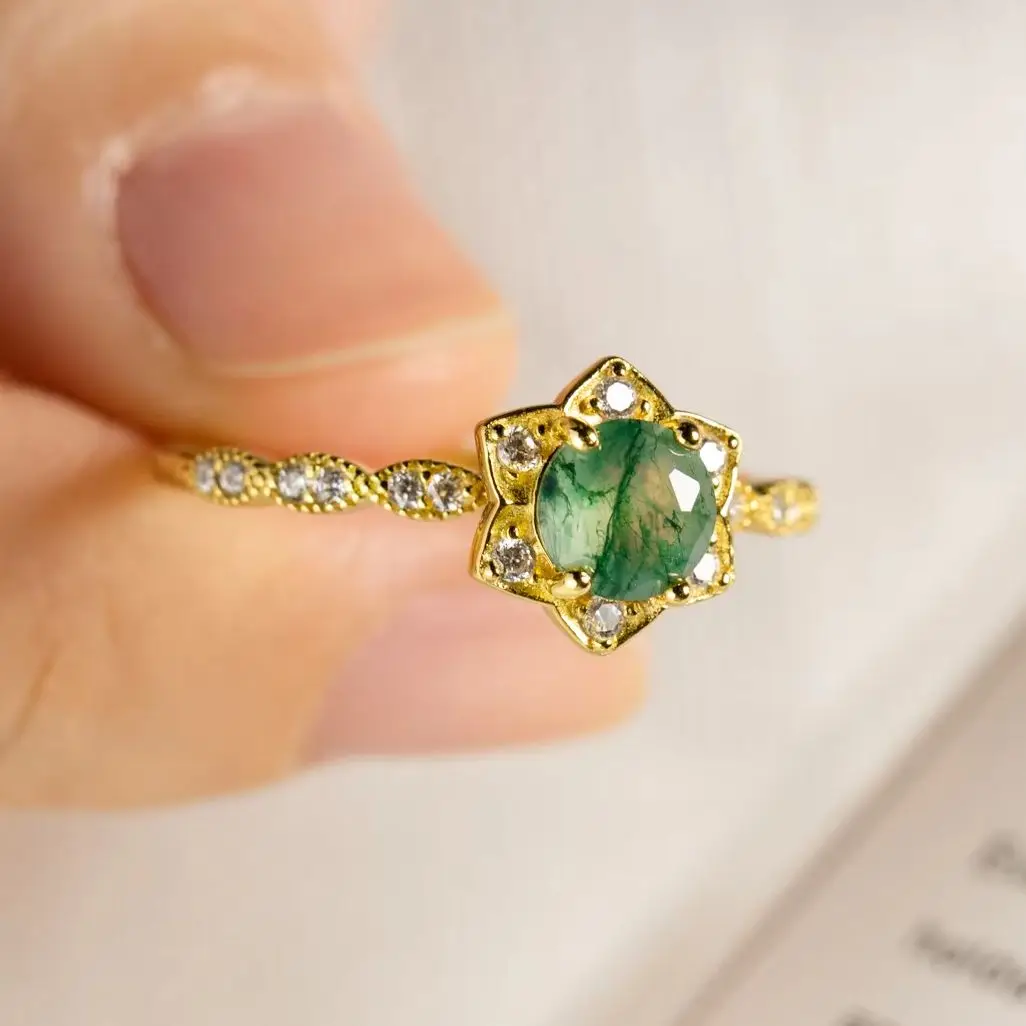 

Art Deco Natural Moss Agate Gemstones Halo Ring for Women 925 Sterling Silver Round Cut Half Eternity Zircon Engagement Jewely