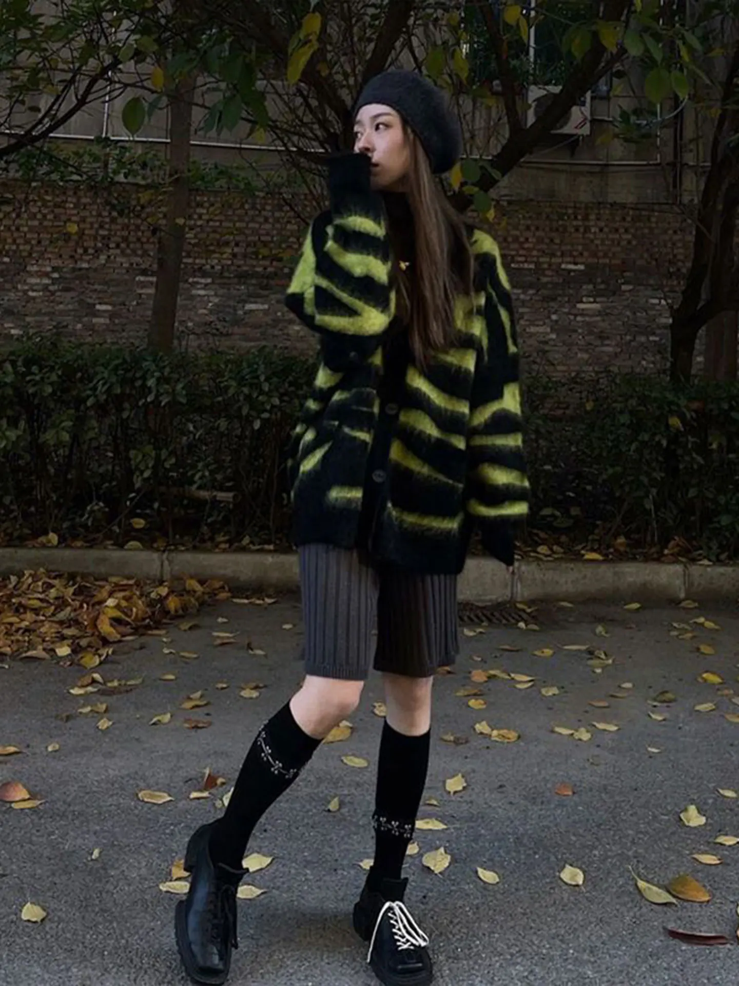 Large Size Green Striped Cashmere Sweater Women's Autumn Winter Casual V-Neck Color Block Knitted Cardigan Top Trendy - view 4