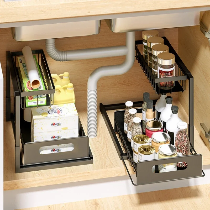 

Under Sink Storage Organizer Pull Out Multifunctional Shelf Cabinet Spice Rack Kitchen and Bathroom Storage