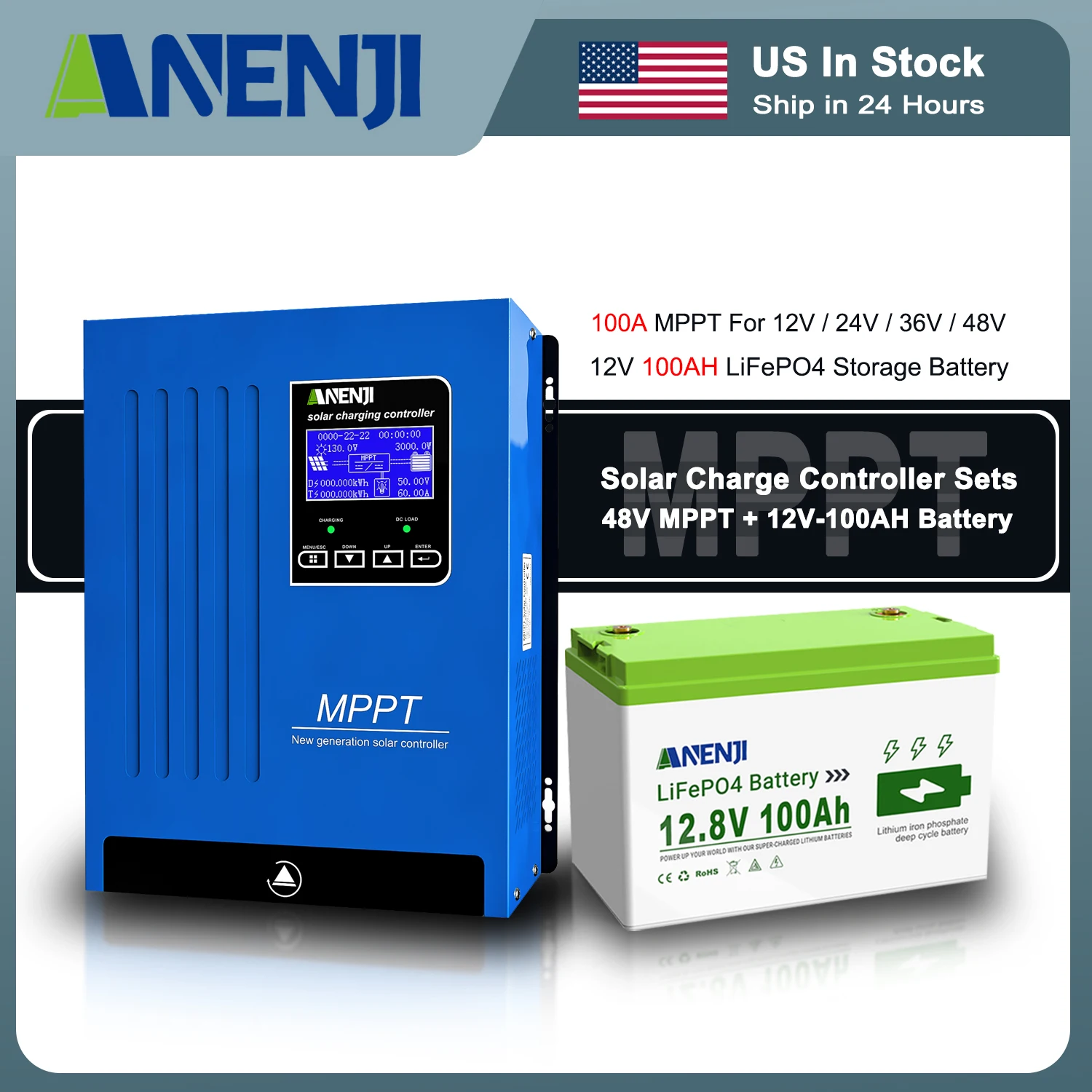 ANENJI Solar Charge Controller 100A 48V MPPT  Solar Battery Intelligent Regulator For 12V/24V/36V/48V LiFePO4 Battery 12V-100AH Built-in BMS US In Stock