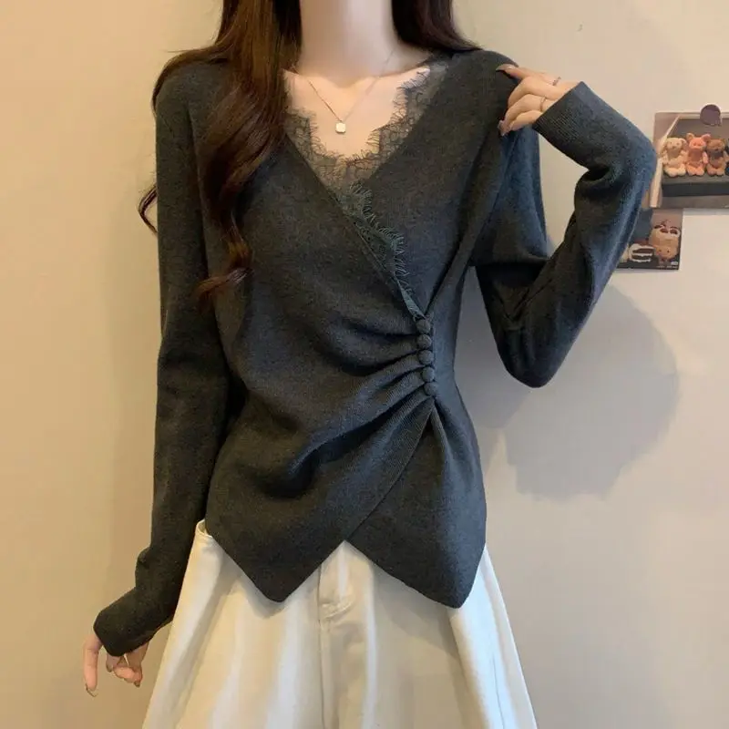 Women T Shirt Autumn Sweet Lace Stitching V-neck Skinny Top Black Long Sleeve T-shirts Cute Casual Tees Women Tops
