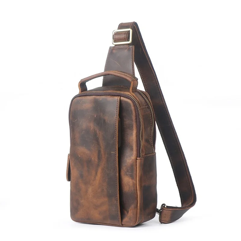 Nesitu Highend Vintage Brown Thick Crazy Horse Genuine Leather Women Men Chest Bag Outdoor Messenger Bag N075
