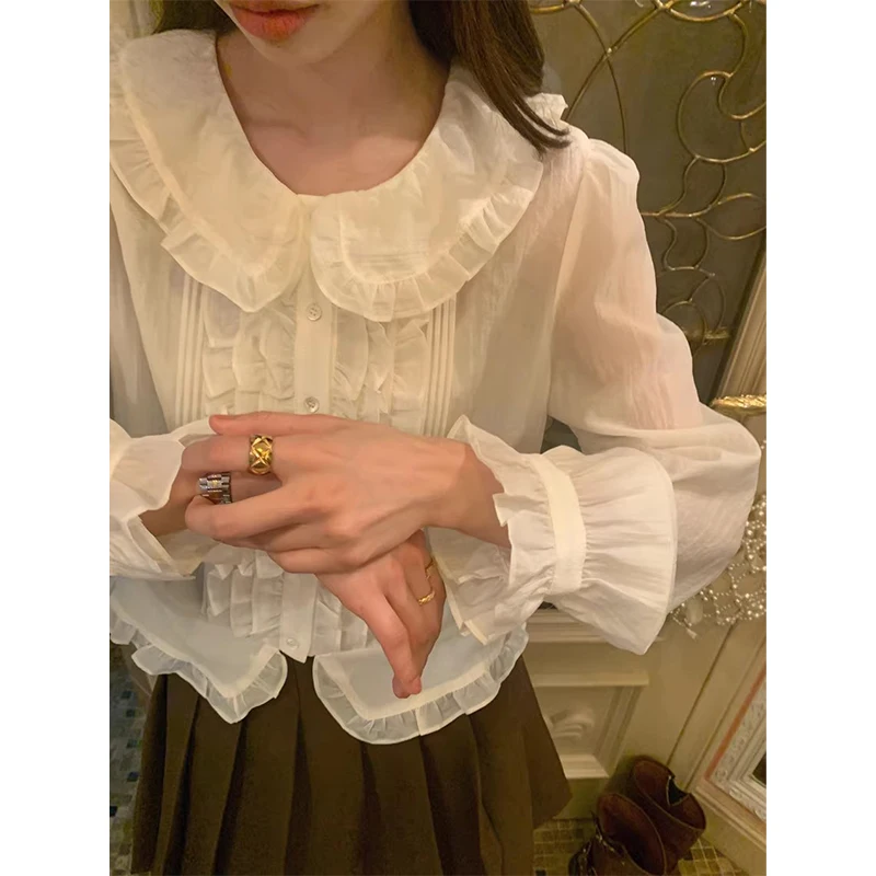 Clothland Women Elegant Pink White Ruffle Blouse Single Breasted Long Sleeve Shirt Female Chic Tops Blusa Mujer LB131