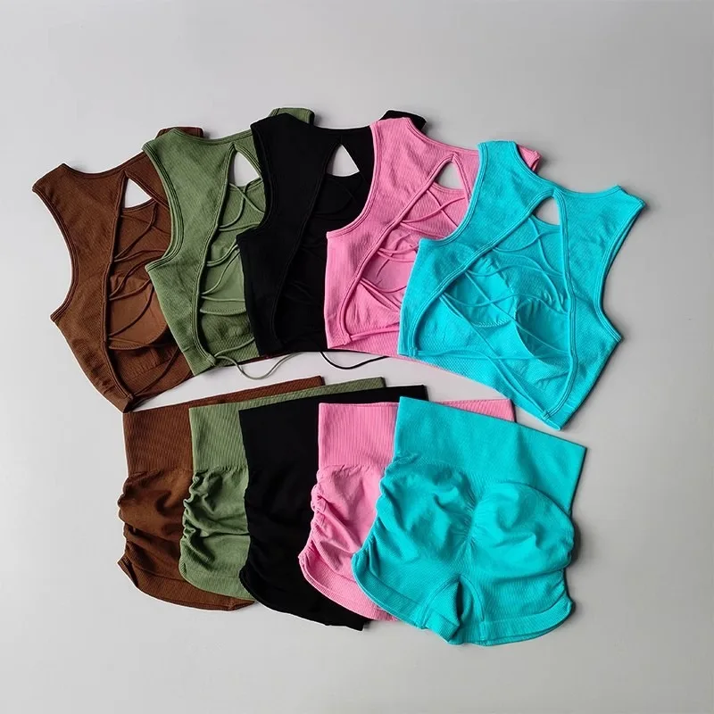 Sexy Fitness Suit Women with High-end and Integrated Cup Beautiful Back Lifting Buttocks Shorts Bras Fitness Suit Sports Vest