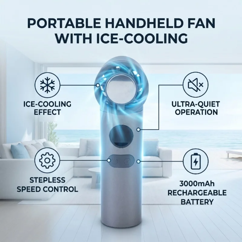 Portable Handheld Fan Ice Cooling Fan 199 Speeds Stepless Adjustable Quiet Curved Mini Handheld Fan With Lanyard For Travel Home