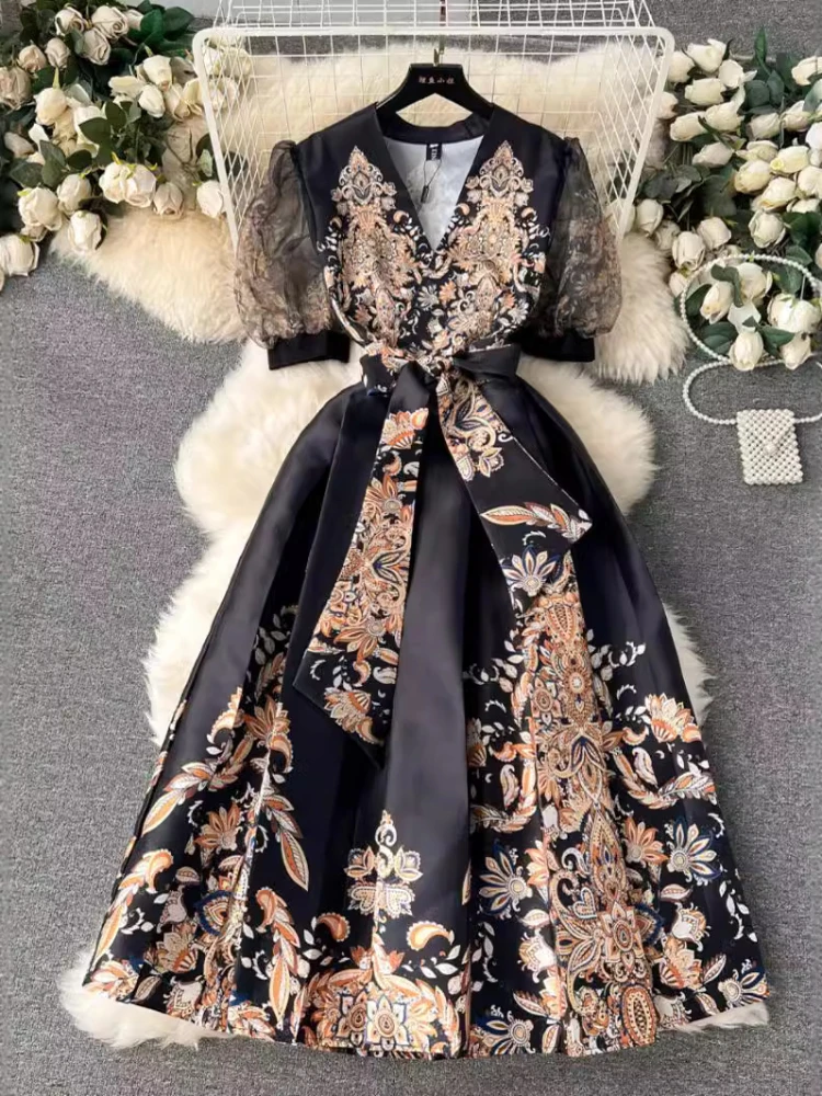 

French Court Style Printed Dress Women Bubble Sleeve Vintage Floral Party Dresses Ladies Slim A-line Belt Long Dress Vestidos