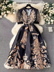 French Court Style Printed Dress Women Bubble Sleeve Vintage Floral Party Dresses Ladies Slim A-line Belt Long Dress Vestidos