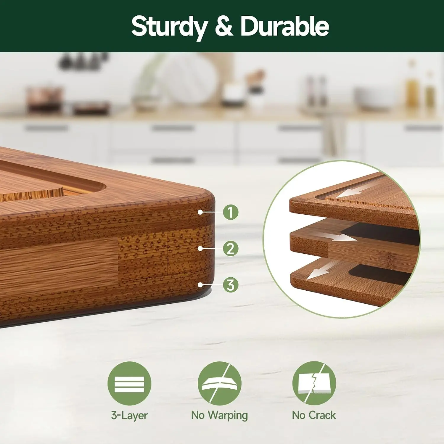3-Piece Set Deep-Carbonized Bamboo Cutting Board For Kitchen - Crack-Resistant Wood Chopping Boards With Deep Juice Grooves