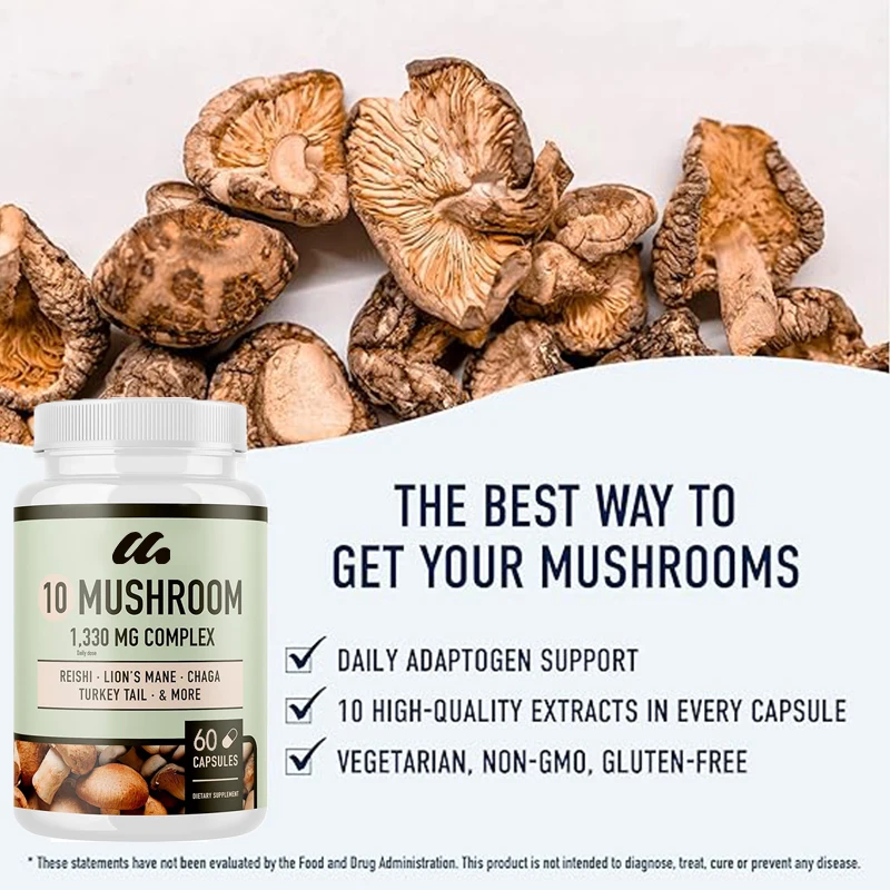 10 Mushroom Compound Supplements | Mix Lion Mane, Turkey Tail, Cordyceps, Lingzhi, Mushroom, Dance Mushroom -60 capsules