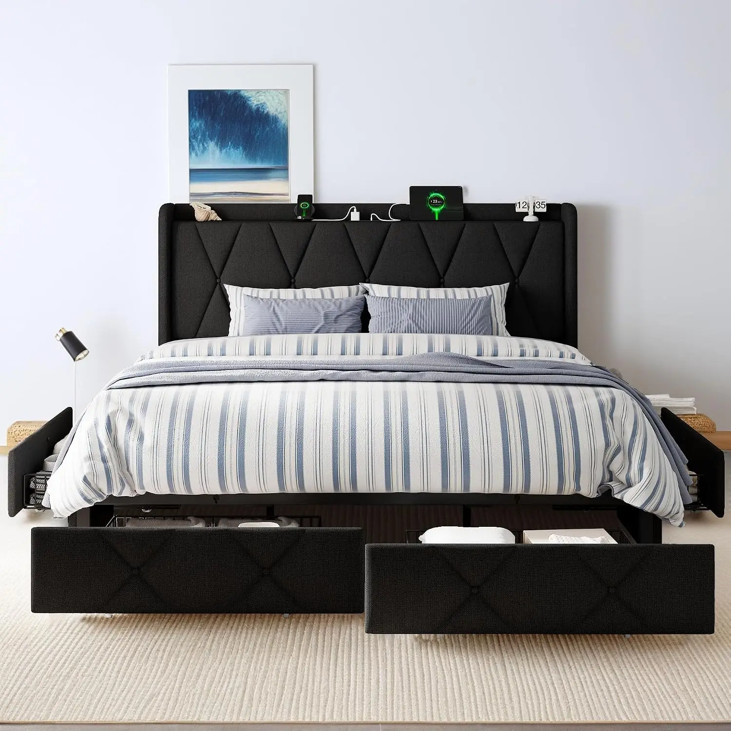 King Upholstered Platform Bed 4 Drawers, Button Tufted Wingback Headboard, Charging Station, Noise-Free, Customized