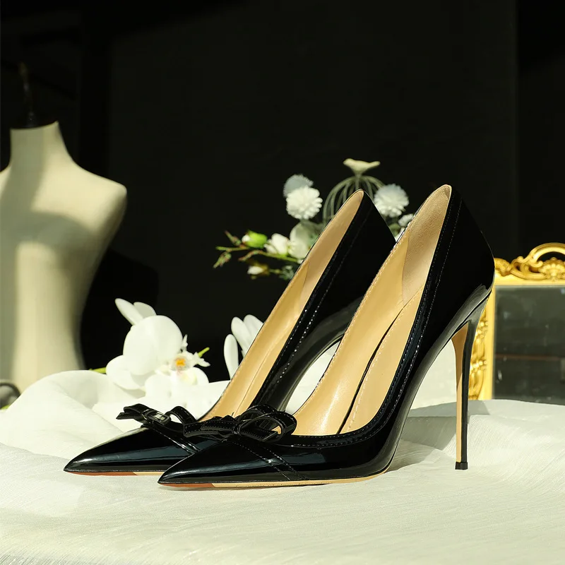 

Black Patent Leather Pointed-Toe High Heels Women's Stiletto Bow Pumps French Style Small-Size Professional Party Shoes