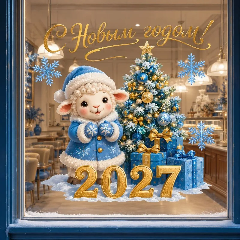 2027 Knit Sheep Window Sticker Happy New Year Stickers Cute Lamb Christmas Window Decor Home Decoration Shop Glass Xmas Ornament