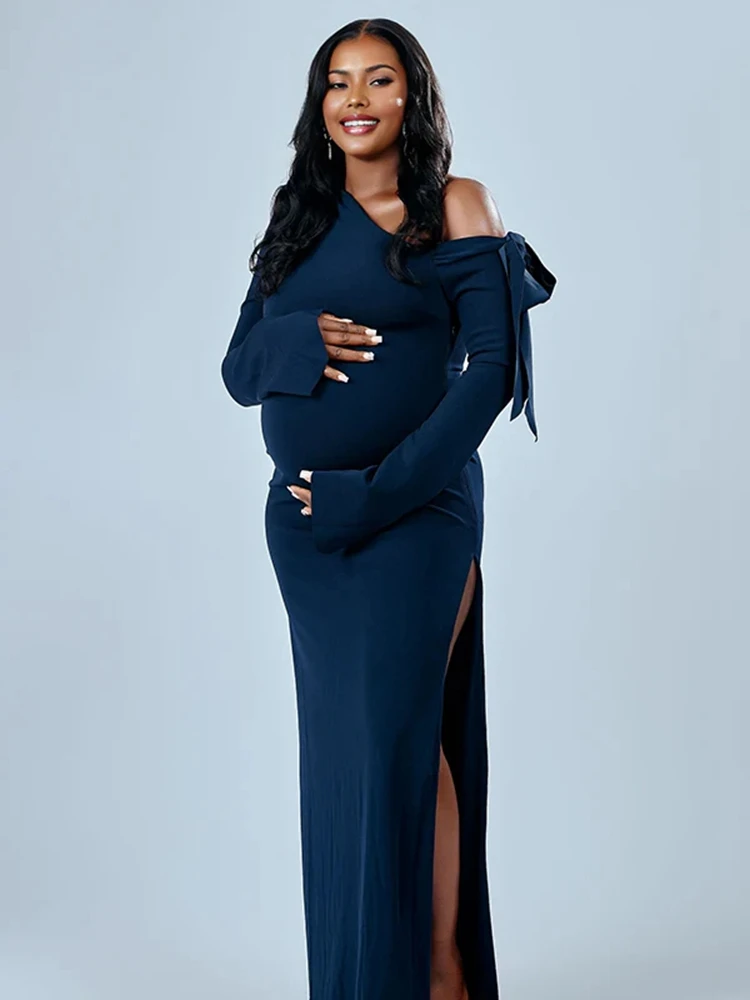 Maternity Dress Photoshoot One Shoulder Off Shoulder Bow High Slit Long Sleeve Pregnancy Gown Pregnancy Photography Dresses