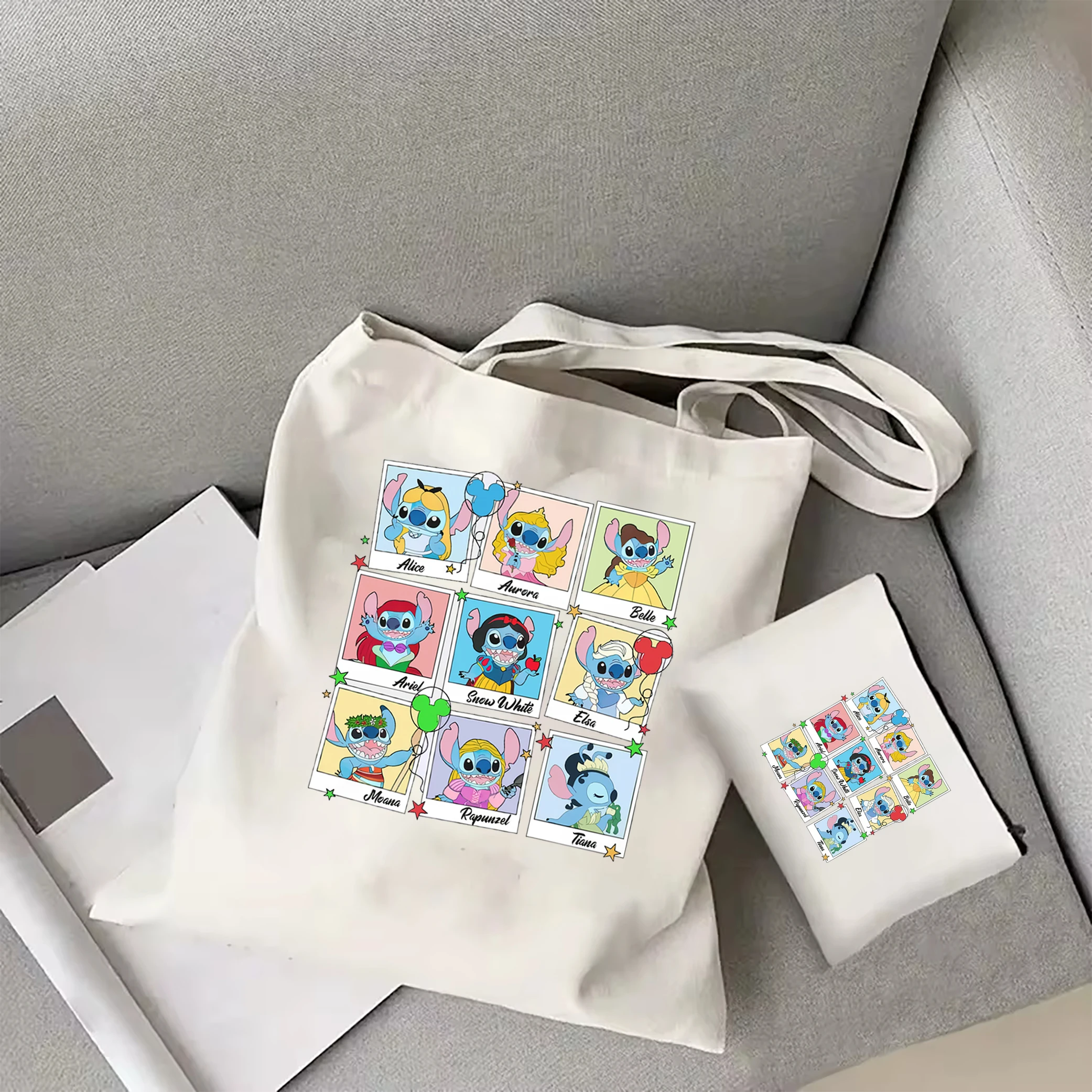 Cute Stitch Disney Princess Belle Aurora Elsa Ariel borsa a tracolla Stitch Emotion scatta foto tote Bag picnic Vacation Trip