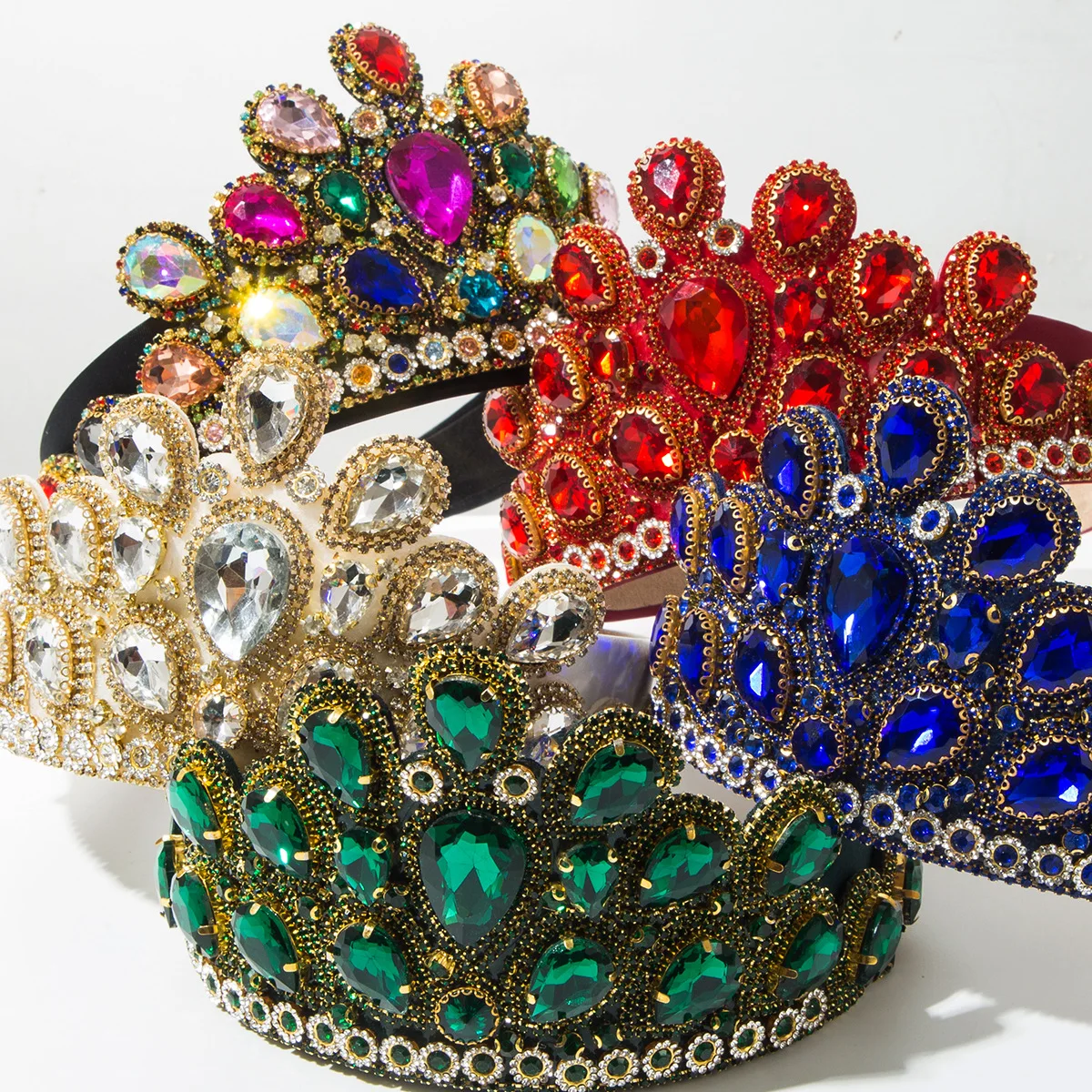 European and American Retro Court Style Solid Color Glass Rhinestone Crown Wide Brim Headband Luxurious Hair Accessory