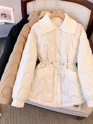 Women's Large Size Cotton Jacket Winter Elegant Drawstring Single Breasted Mid Length Coat Lapel Long Sleeved Warm Outwear