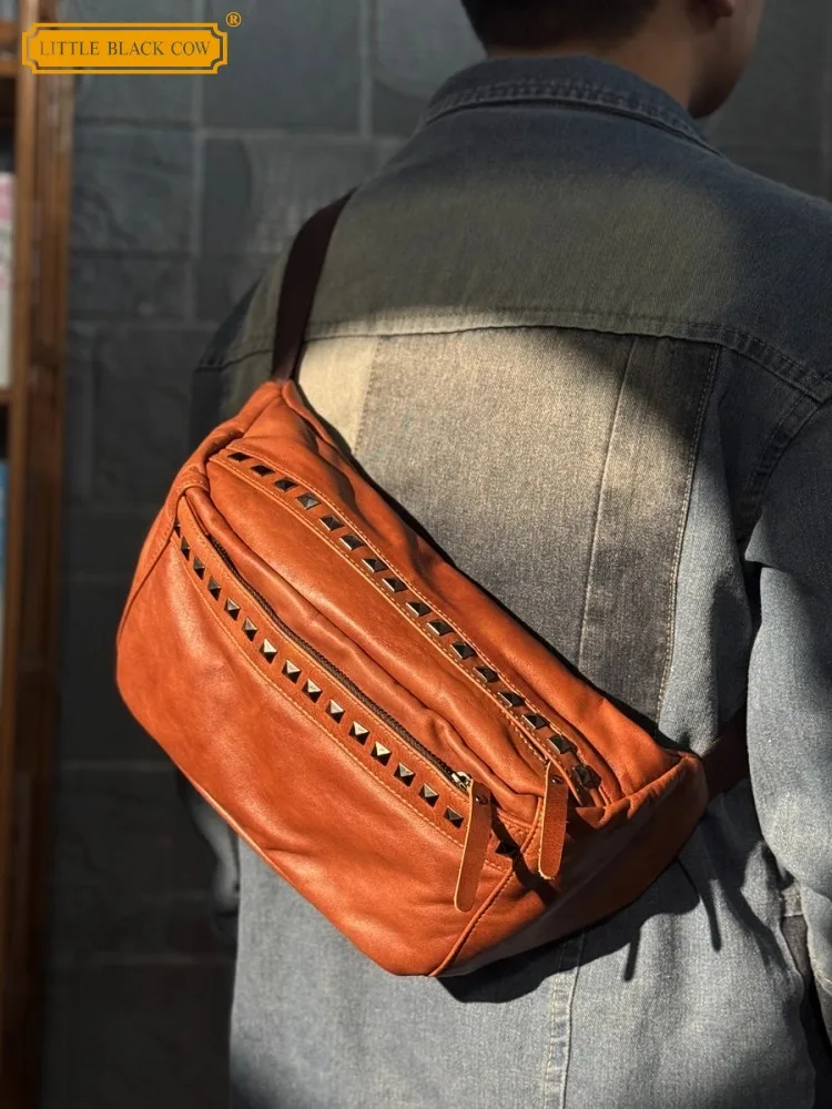 

New Fashion Mens Rivets Cowhide Genuine Leather Crossbody Bag Large Capacity Chest Bag Outside Travel Sling Strap Shoulder Bags