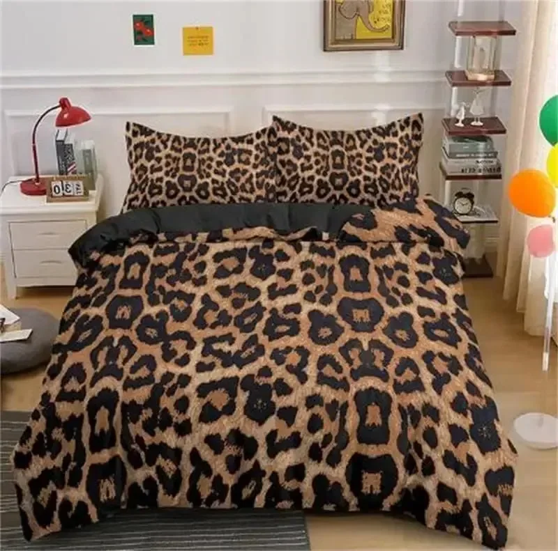 Black Brown Leopard Print Comforter Cover Set Man Cheetah Leopard Animal Quilt Cover For Home Polyester Bedding Set