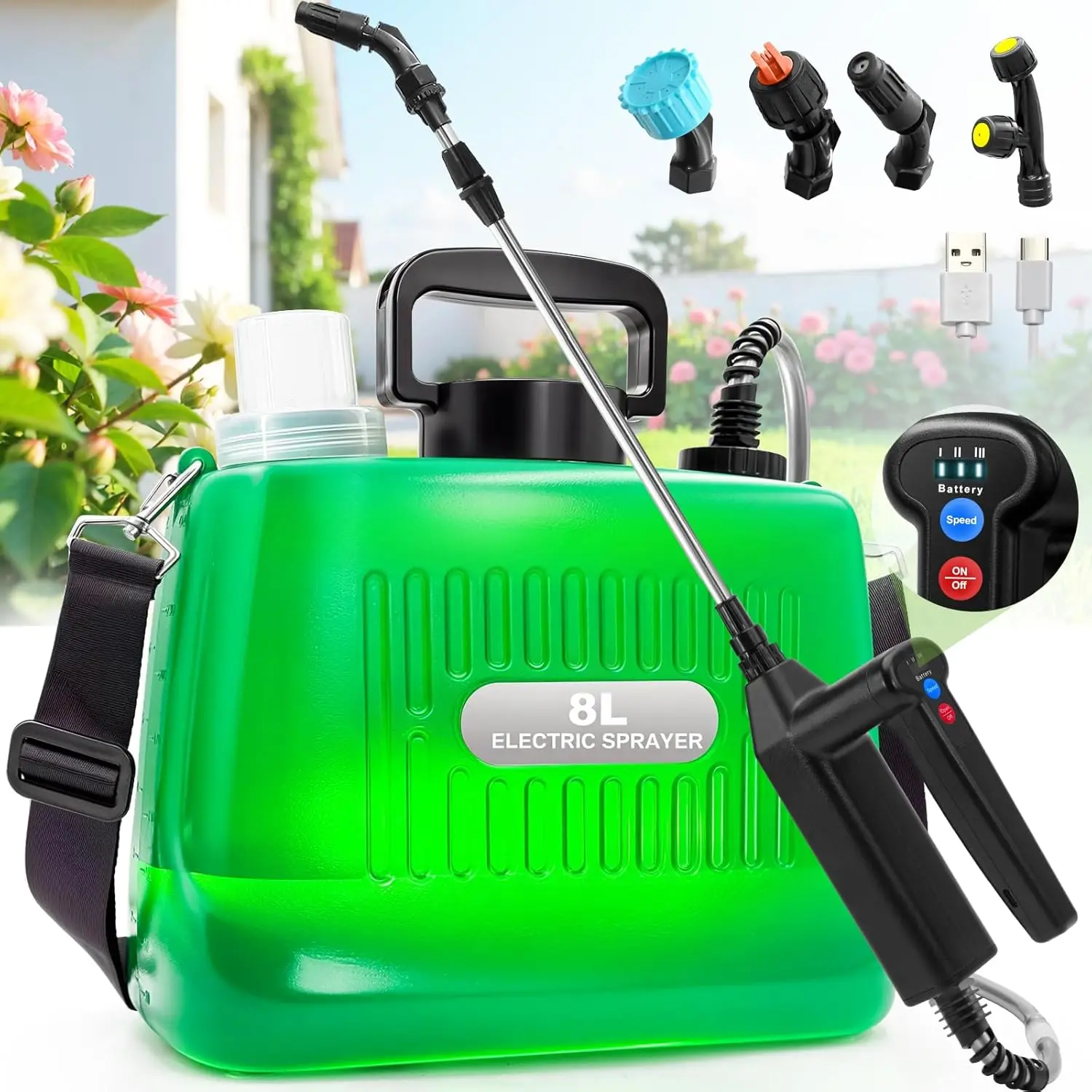 

Battery Powered Sprayer 2 Gallon, 2025 New Electric Garden Sprayer with 3 Spray Force, Battery Indicator, Rechargeable Handle, 2