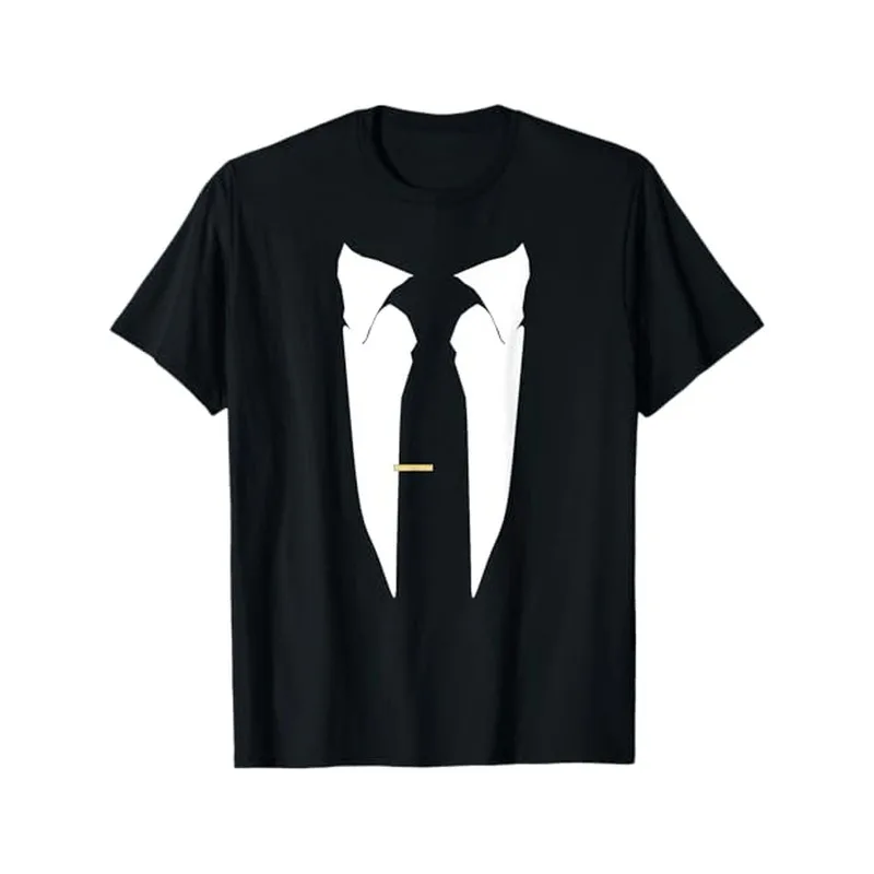 

Mens Novelty Fake Tuxedo Shirt Funny Black Suit Tie Print T Shirt for Costume Party Groom Crew or Formal Event Look