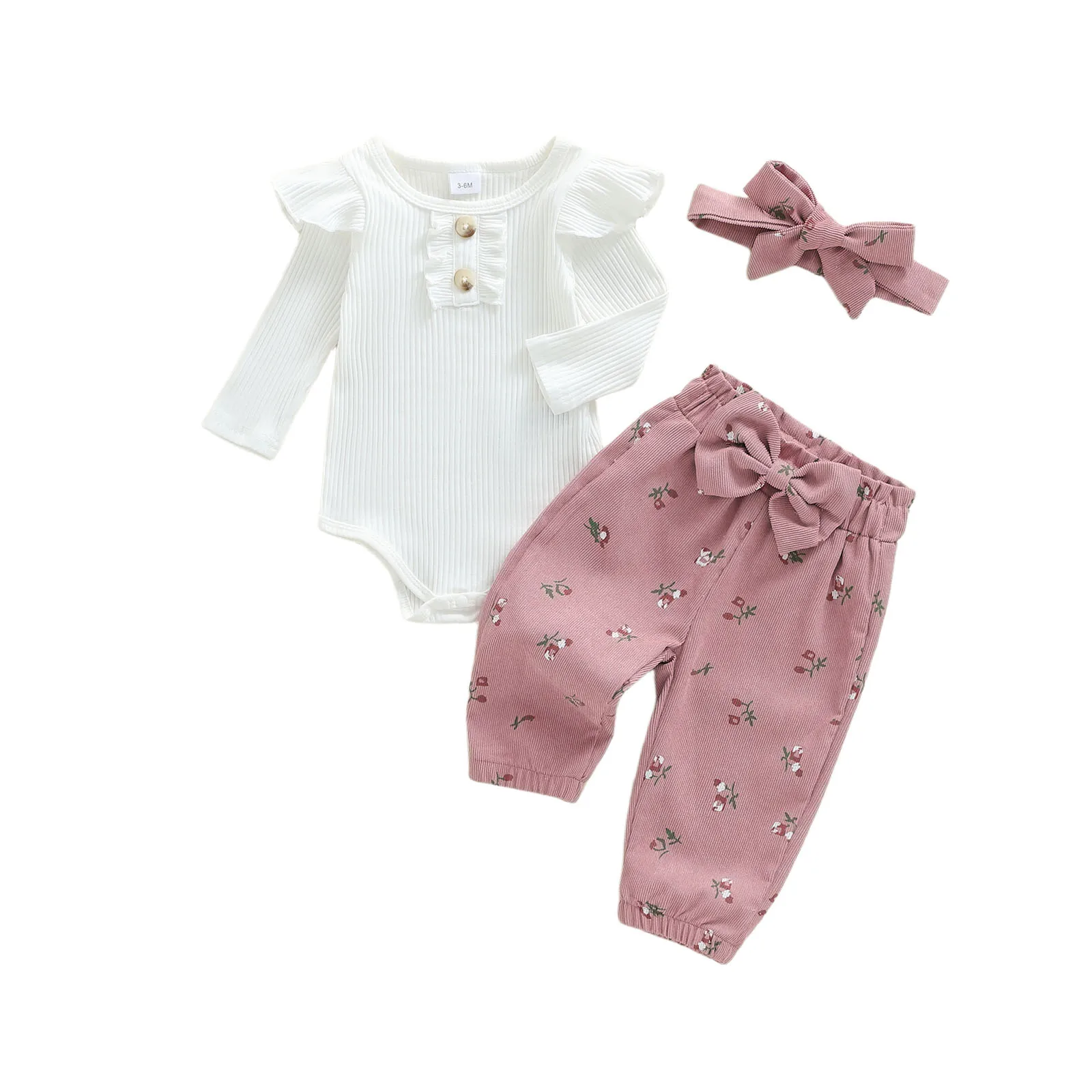 Baby Girls Fall Outfit Long Sleeve Romper with Floral Pants and Headband Clothing Set