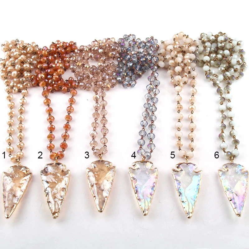 Fashion Bohemian Jewelry Glass Crystal Rosary Chain Crystal Arrowhead Pendant Necklaces