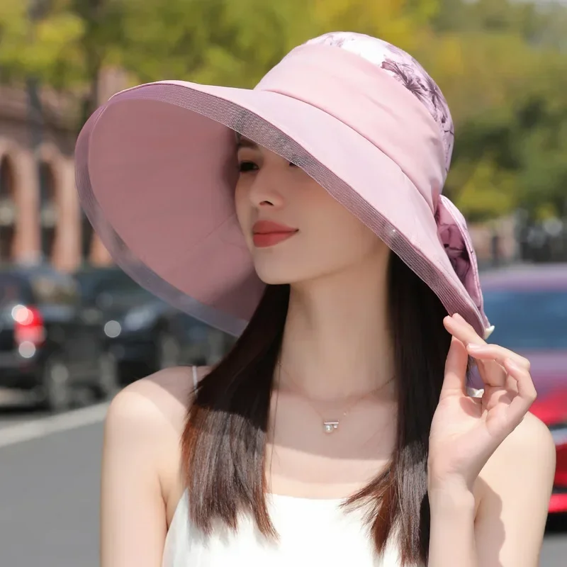 UV Protection Women's Beach Sun Hat Summer Wide Brim Portable Panama Cap for Woman Breathable Big Bowknot Floral Fisherman Hat