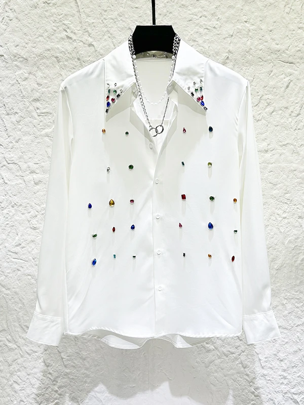 Men's 2025 Autumn New Personality Light Luxury Long Sleeve Shirts Fashion Colorful Gemstones High-end Shirts Solid Color Tops