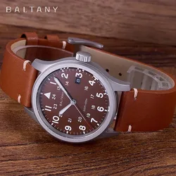 Baltany Retro 39mm Men's Quartz Watch S2082 715Li Movement Stainless Steel Brown Leather Waterproof Military Wristwatch Men