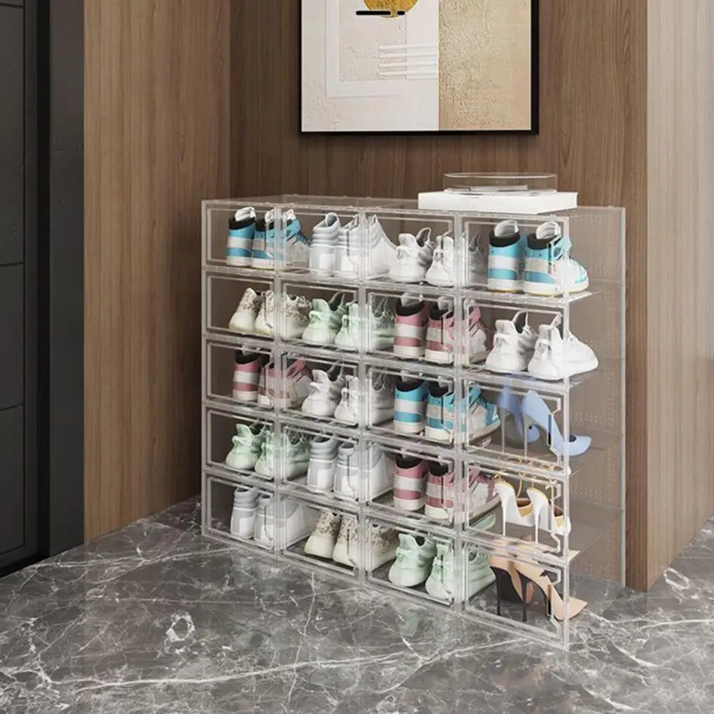 Home Shoe Organizer Transparent Stackable Shoe Storage Boxes with Ventilation Holes Side Door for High Heels Sneakers