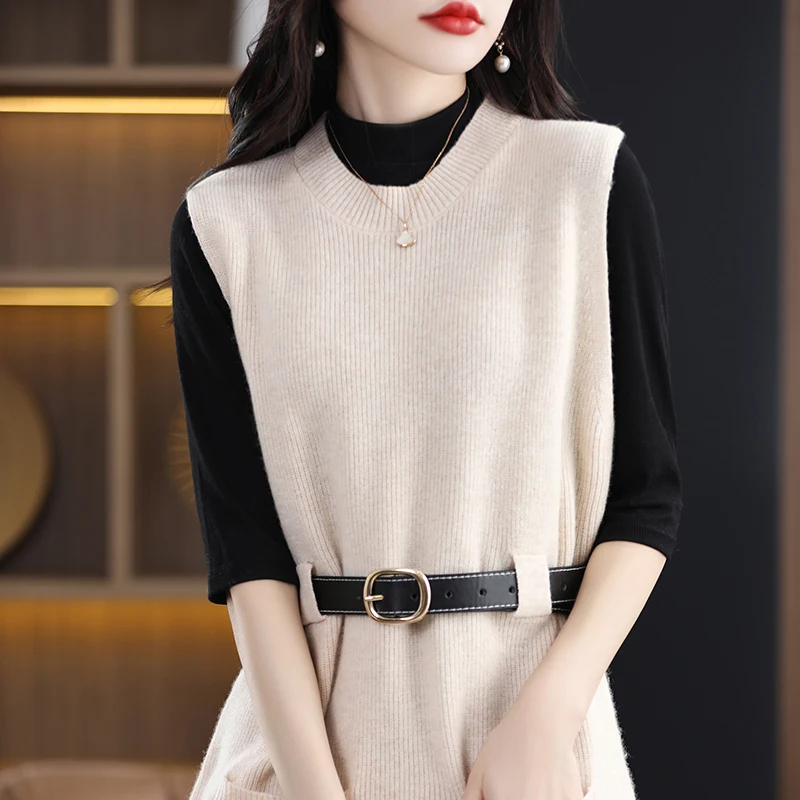 BELIARST 2023 Spring New 100% Merino Wool Dress Women's Round Neck Knitted Long Sweater Fashion Korean Sleeveless Wool Dress