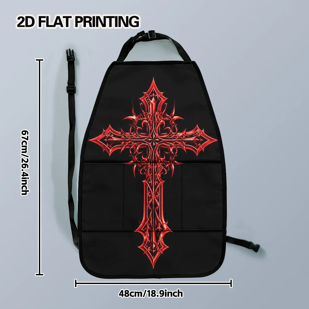 2D Flat, 2pcs Gothic Red Ornate Cross Adjustable Multi-Functional Kick-Proof Car Seat Back Storage Bag, Car Organizer Back Seat,