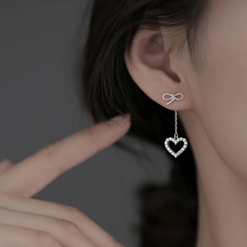 CIAXY Silver Color Bownot Stud Earrings for Women Hollow Heart Earring Korean Fashion Luxury Jewelry Party Gifts