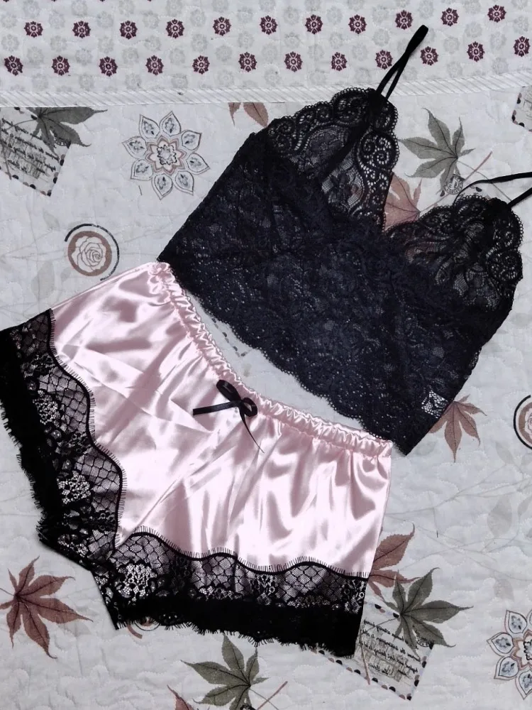 Women Sleepwear 2 Pcs Pajamas Set Sexy Lingerie Satin Black Lace V-Neck Pyjamas Sleeveless Cute Cami Top and Shorts