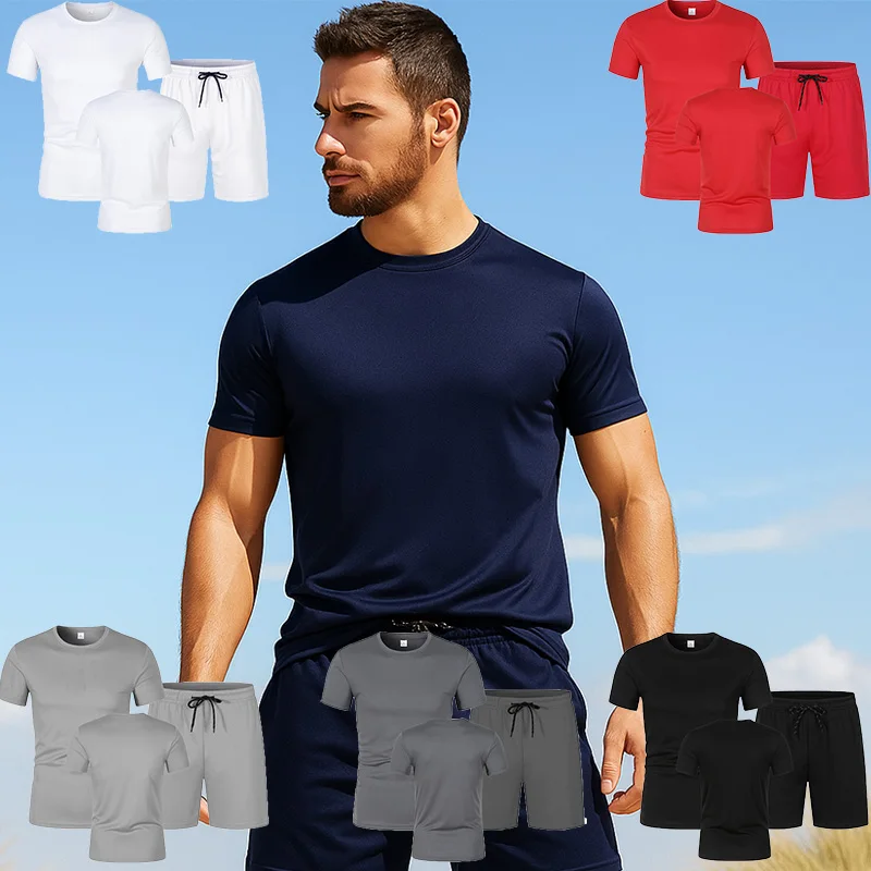 

3-piece quick-drying set of high-quality fashionable solid-color men s comfortable shorts and T-shirts for summer 2025 unisex