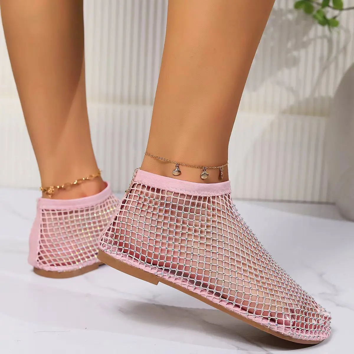Women's New Round Toe Rhinestone Flat Sandals Hollow Booties Flat Shoes