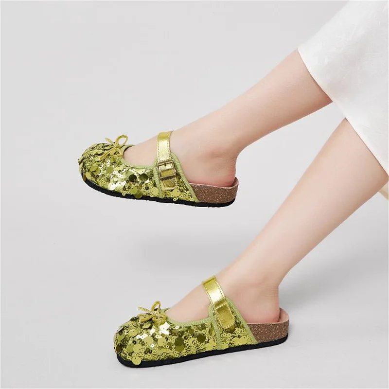 J&M Fashion Women Slides Sequins Mules Slippers Clogs Cork Insole Sandals with Arch Support Outdoor Beach Slides Girl Home Shoes