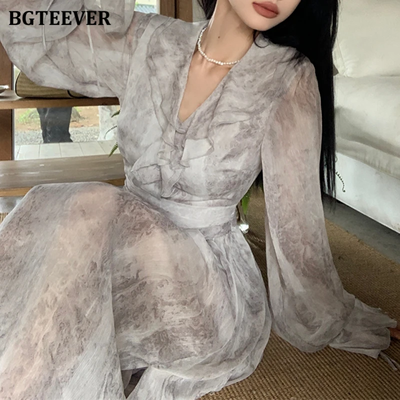 BGTEEVER Vintage Ruffles V-neck Women Floral Dress Elegant Full Sleeve Slim Waist Split A-line Ladies Long Dress Spring Summer