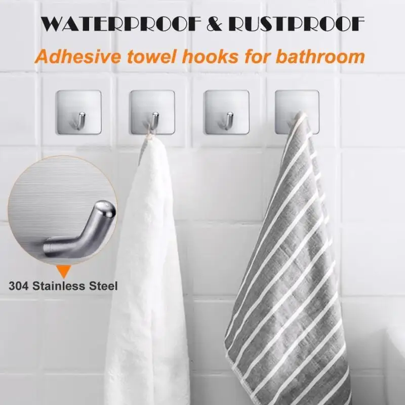 4Pcs Heavy Duty Adhesive Towel Hook Stainless Steel Sticky Hooks Silver Hanging Holder for Bathroom Kitchen No Drill Storage