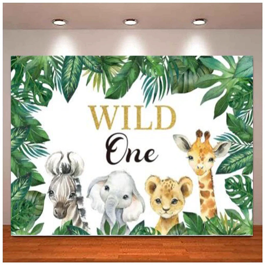 

Photography Backdrop Jungle Animals Palm Trees 1st One Birthday Party Decoration Banner Poster