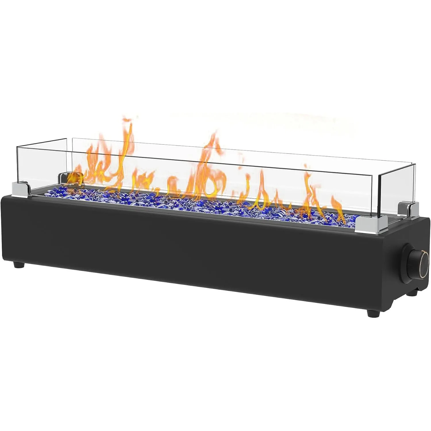 28IN benchtop propane fire pit, outdoor portable fireplace Rectangular fire bowl with wind glass cover, glass rock