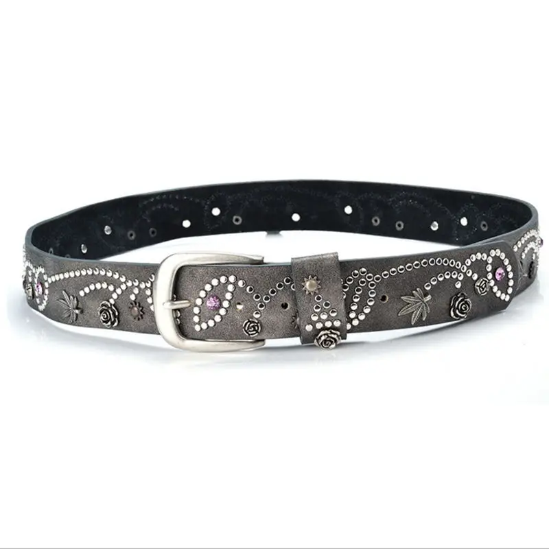 Women Belt Luxury Brand Designer Leaves Flowers Rhinestone Rivets Pin Buckle PU Leather Belts for Women Jeans Waistband