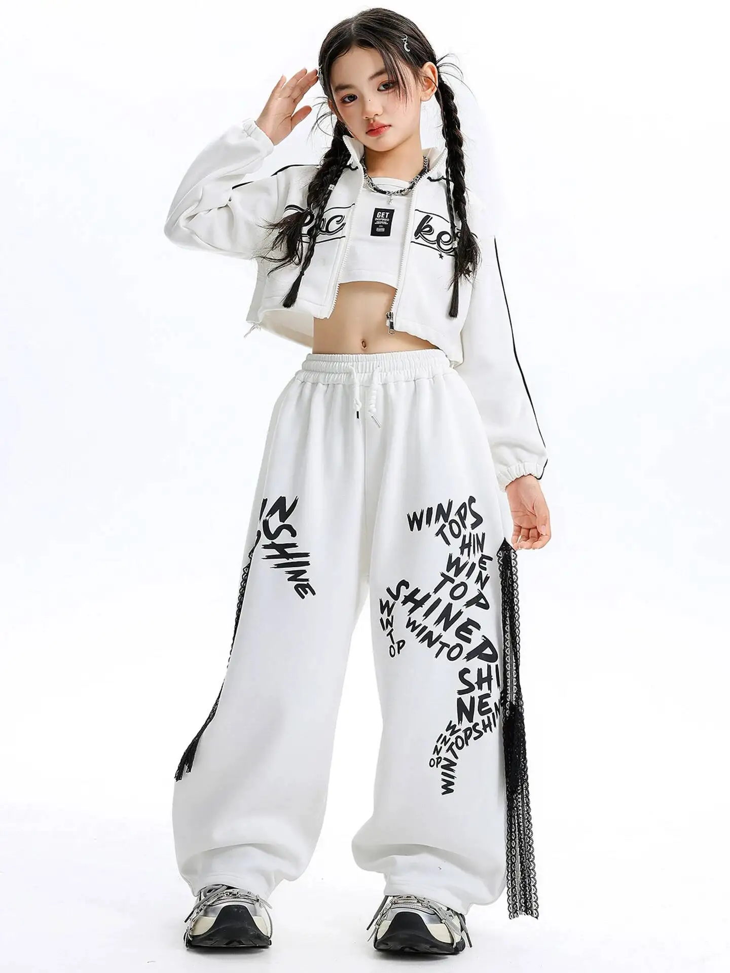 White Hip Hop Outfit Letter Print Crop Tank Zip Up Short Jacket Fringe Wide Leg Pants Jazz Stage Costume Kpop Dance Streetwea view 3