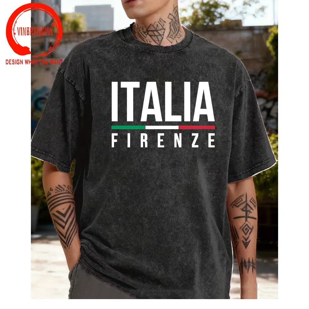 Vintage Washed Cotton T-Shirt Funny Designer Firenze Italia T Shirt Men Fashion Trendy Casual Clothing Stylish Tops Tees
