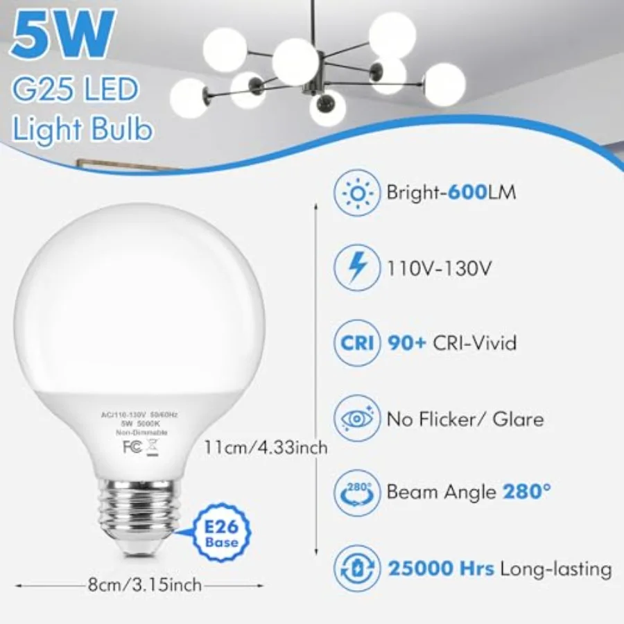 G25 LED Globe Light Bulbs 60W Equivalent, LED Vanity Light Bulbs with E26 Standard Base for Bathroom, 5W Round Light Bulb for V